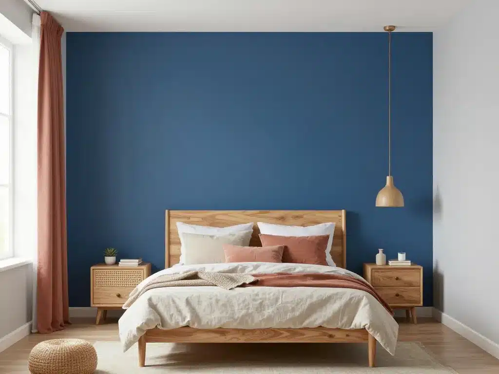 Palettes couleurs chambre adulte peinture tendance bleu, terracotta, beige
