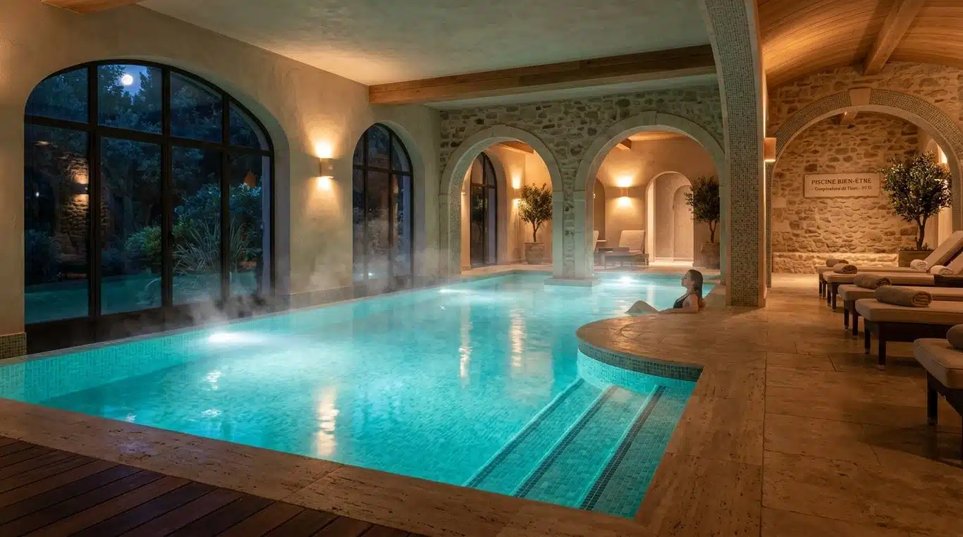 Vue intérieure de l'Espace Balnéoludique de Gruissan avec ses bassins chauffés et son ambiance relaxante.