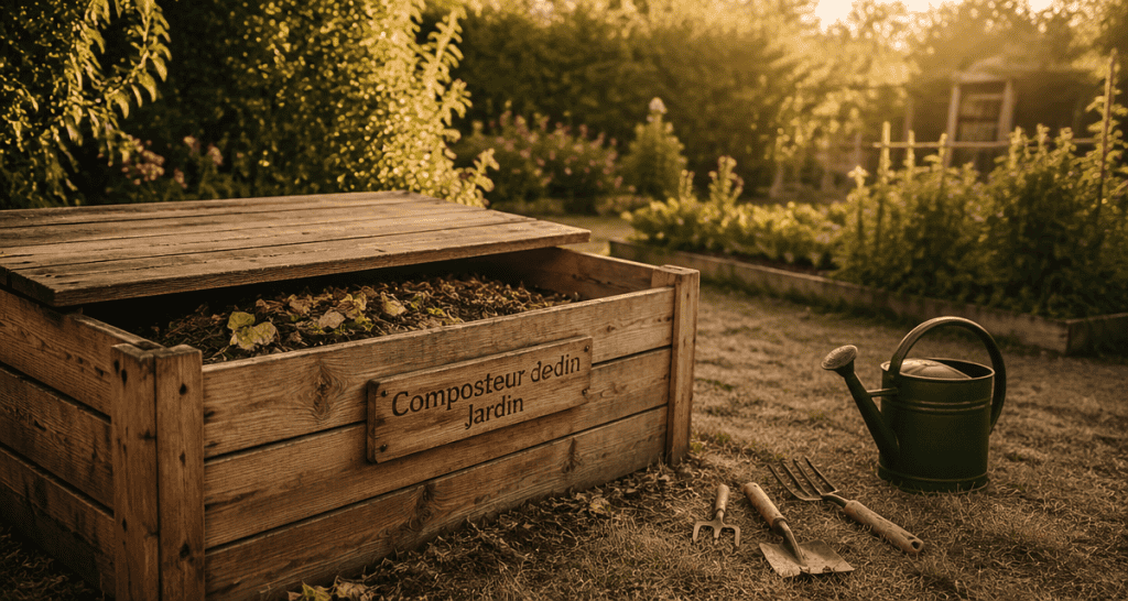 Composteur jardin bois et outils à l'heure dorée