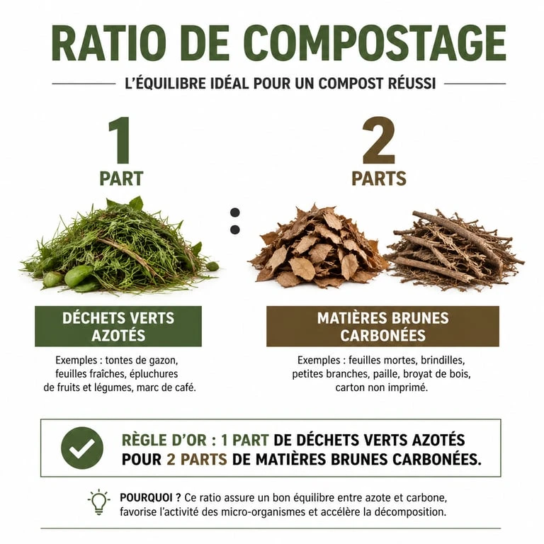 Infographie du ratio de compostage jardin : 1 part de déchets verts pour 2 parts de matières brunes