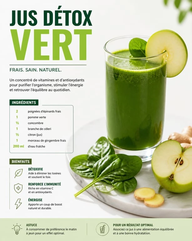 Jus détox pour le foie maison, recette santé à base de pomme, épinards et citron