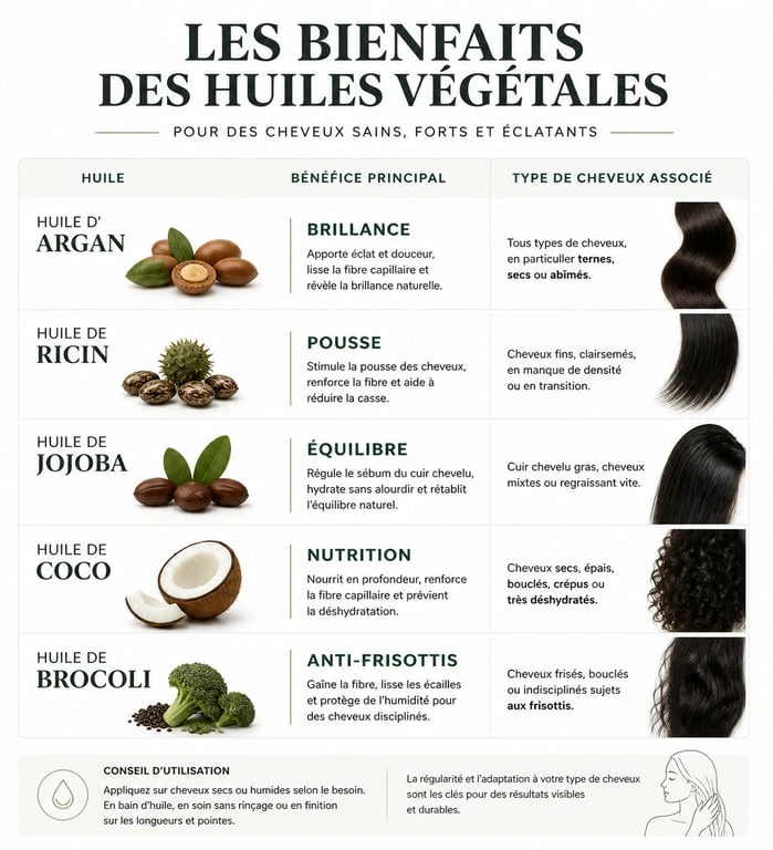 Infographie comparative des meilleures huiles pour cheveux selon leurs bienfaits et types de cheveux