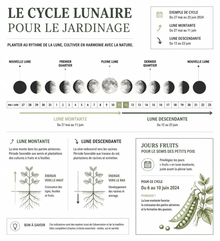 Infographie explicative sur le semis des petits pois avec la lune : cycle lunaire et jours fruits pour un potager réussi