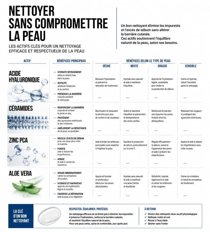 Infographie des meilleurs actifs pour nettoyant visage selon le type de peau