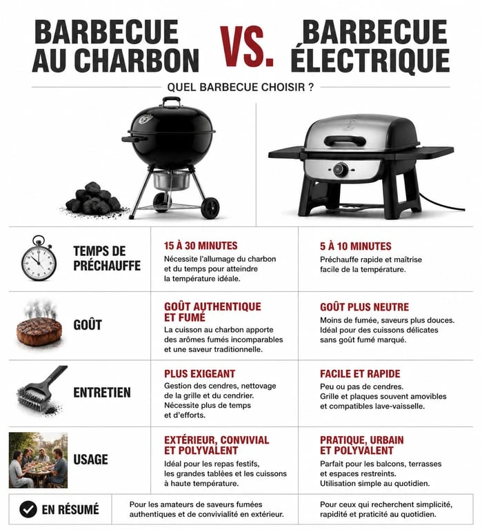 Comparatif barbecue charbon vs électrique : avantages et inconvénients pour choisir le modèle idéal.