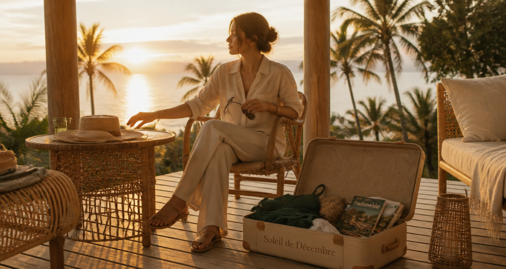 Femme en terrasse valise pays chaud en décembre pas cher