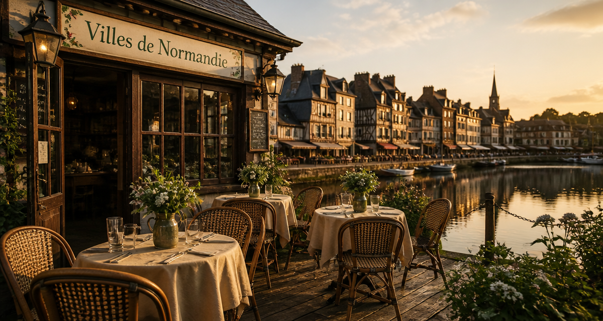 Terrasse de café port ville Normandie maisons bois