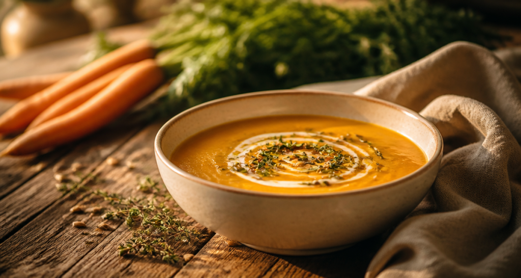 Velouté de carottes crémeux et décor rustique