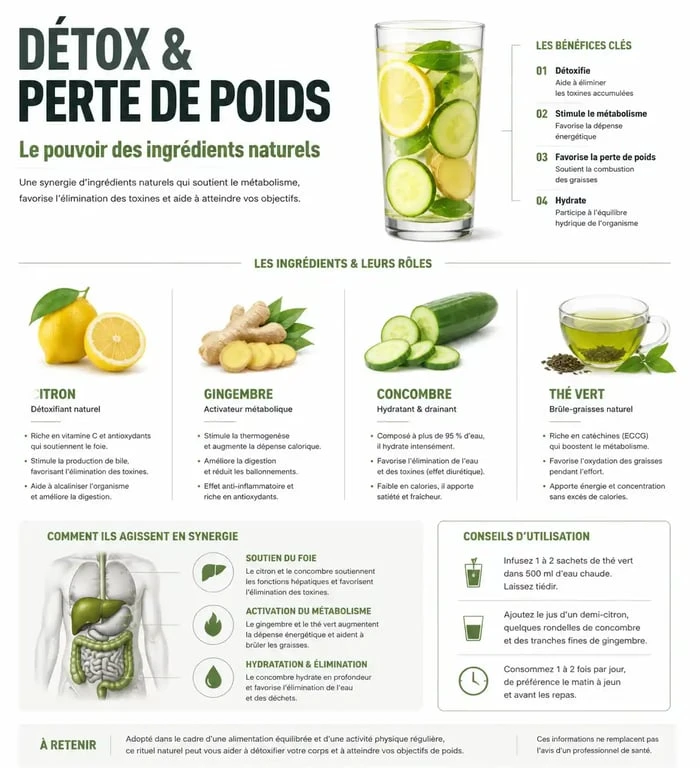 Infographie sur les bienfaits des ingrédients naturels dans une boisson detox pour maigrir