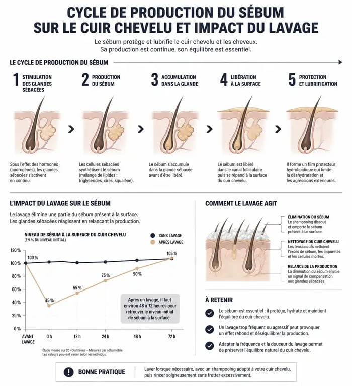 Infographie sur le cycle du sébum et la fréquence idéale pour se laver les cheveux