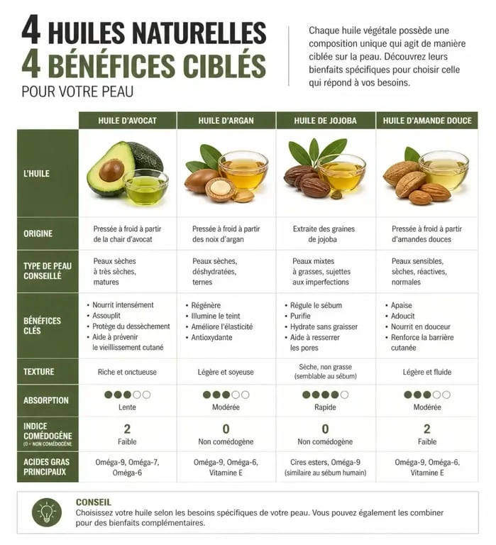 Infographie comparative des meilleures huiles pour le corps : avocat, argan, jojoba et amande douce selon les besoins de la peau.