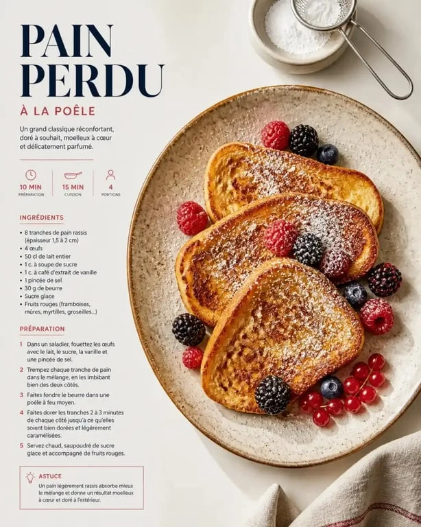 Pain perdu gourmand préparé avec du pain rassis, une recette anti-gaspi simple et délicieuse.