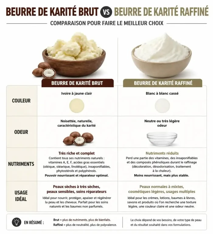 Comparatif des propriétés du beurre de karité brut et raffiné pour une utilisation optimale