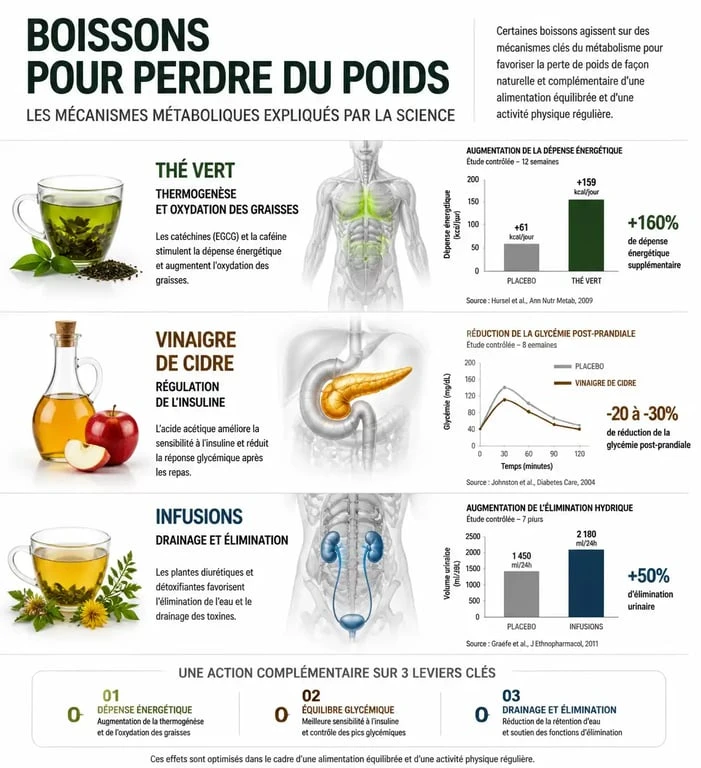 Infographie sur les mécanismes d'action des boissons pour perdre du poids