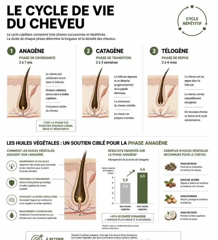 Infographie sur le cycle de pousse du cheveu et les huiles naturelles pour favoriser la croissance capillaire