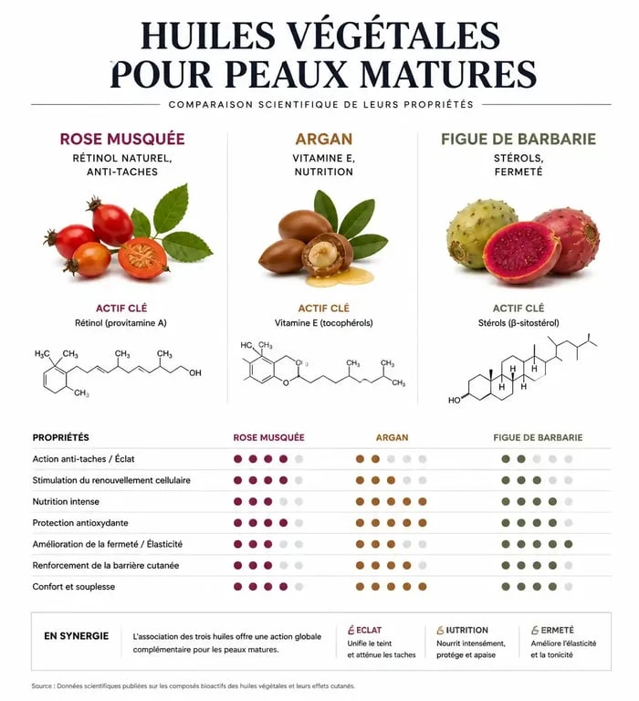 Infographie comparative des meilleures huiles visage pour peau mature : Rose Musquée, Argan et Figue de Barbarie