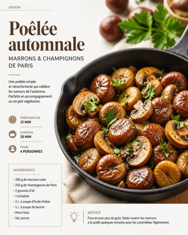 Poêlée forestière aux marrons et champignons, une recette automnale gourmande et facile à réaliser.