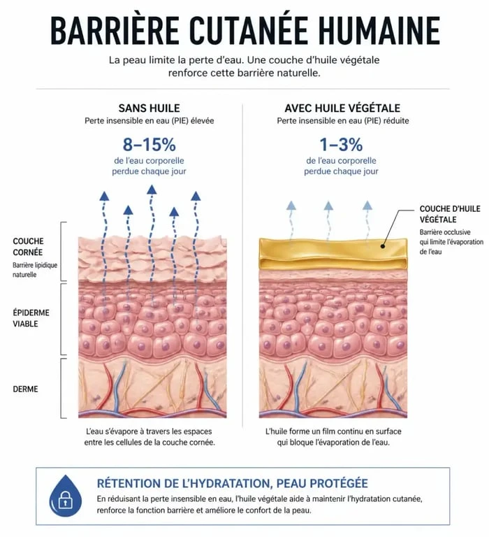 Schéma explicatif de l'hydratation de la peau et du rôle des huiles végétales pour retenir l'eau sans crème hydratante.