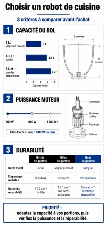 Infographie comparative des critères pour choisir le meilleur robot cuisine : capacité, puissance et durabilité.