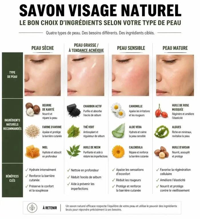 Infographie comparative des types de peau et des ingrédients naturels pour le savon de nettoyage visage