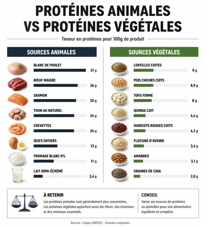 Infographie comparative des sources de protéines animales et végétales pour un repas riche en protéines
