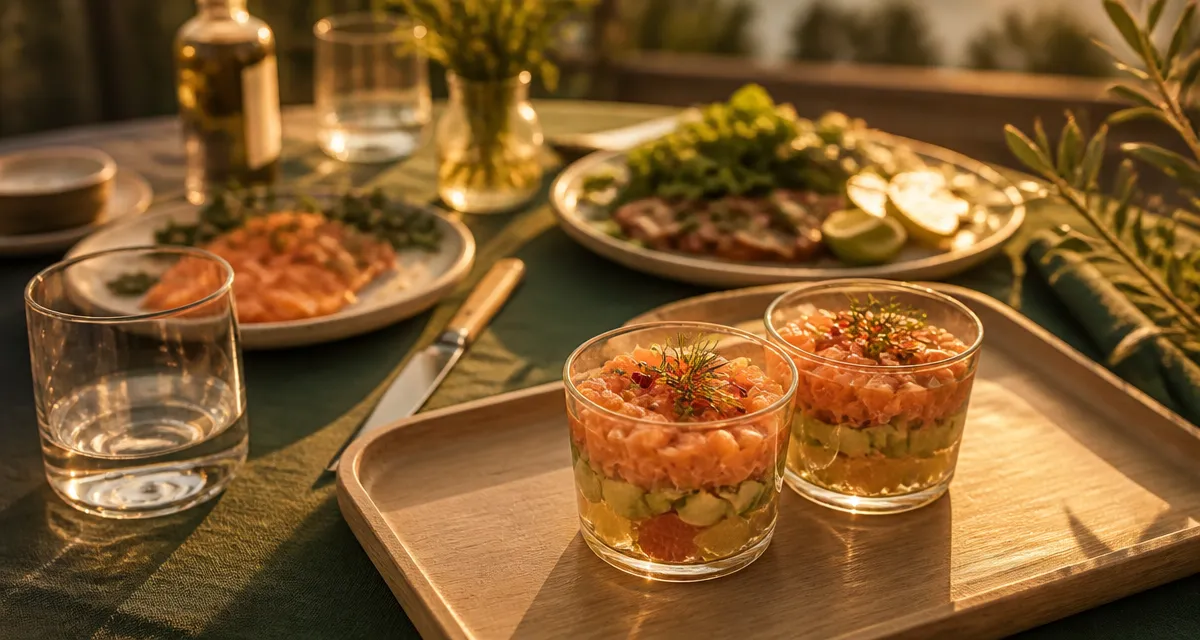 Entrees froides : verrines de tartare de saumon au pamplemousse et avocat sur buffet