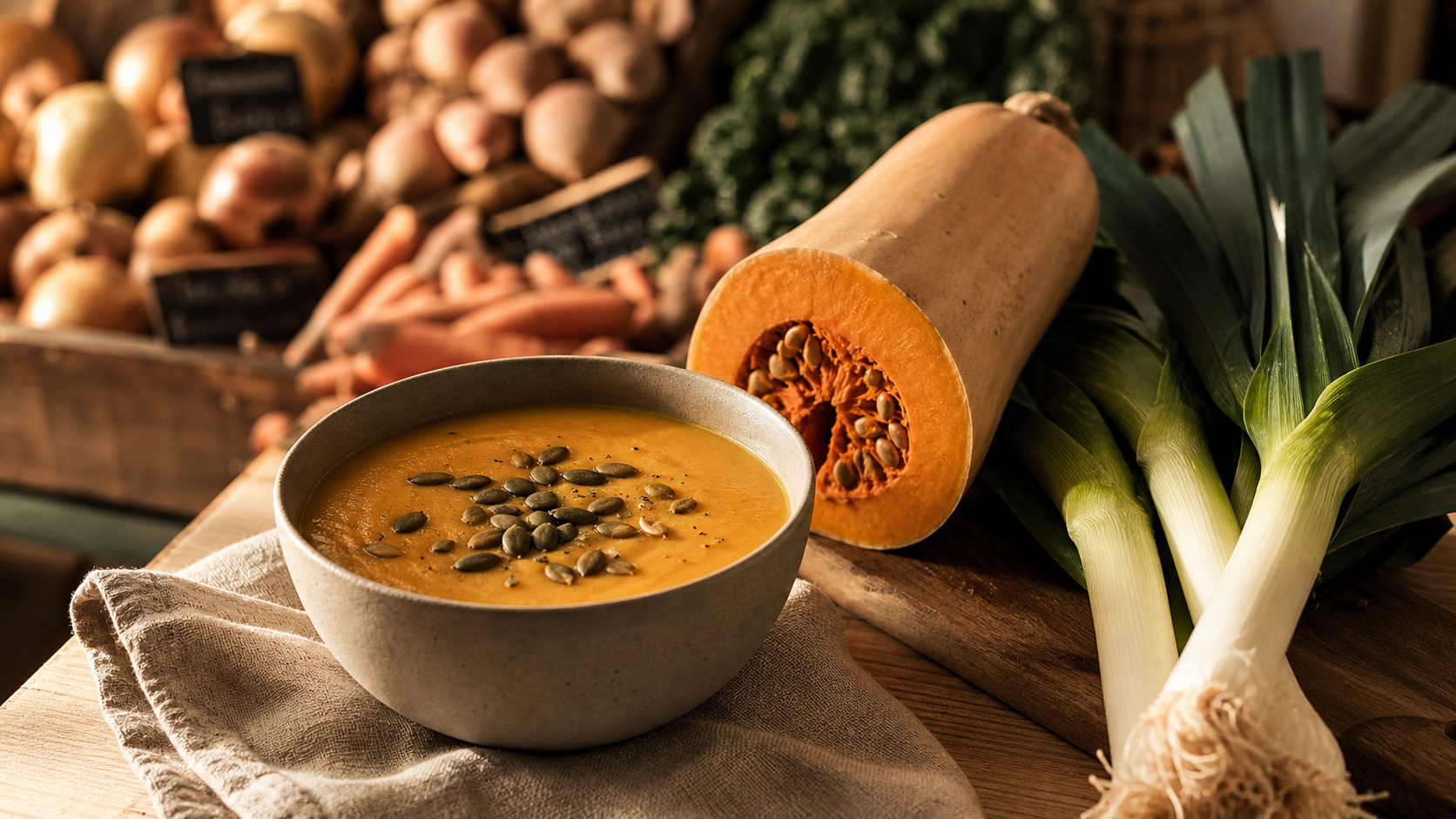 legume decembre : velouté de butternut et poireau, graines de courge