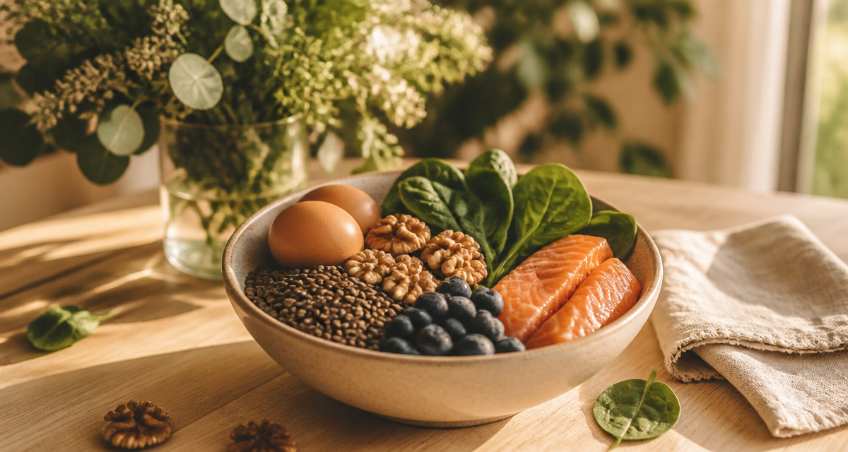 Les aliments bon pour les cheveux sur une table en bois