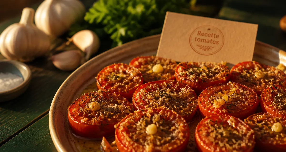 Recette avec tomates : tomates confites à l’ail sur plat en céramique