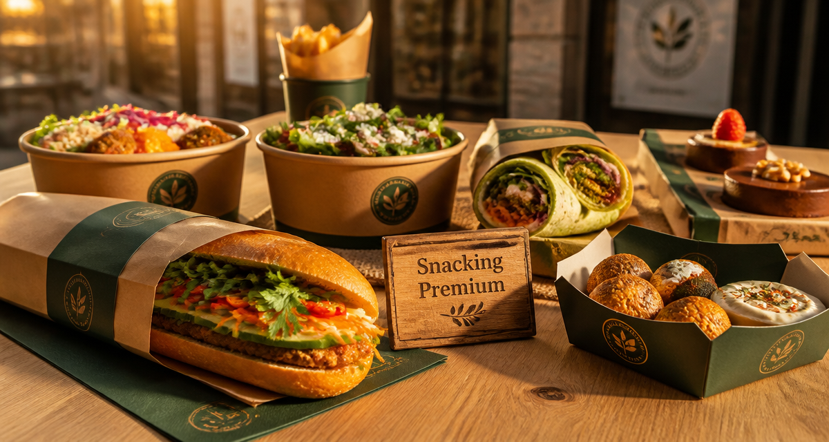 Assortiment snacking premium emballé sur table
