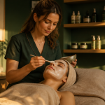 soin du visage prix en institut, esthéticienne applique un masque