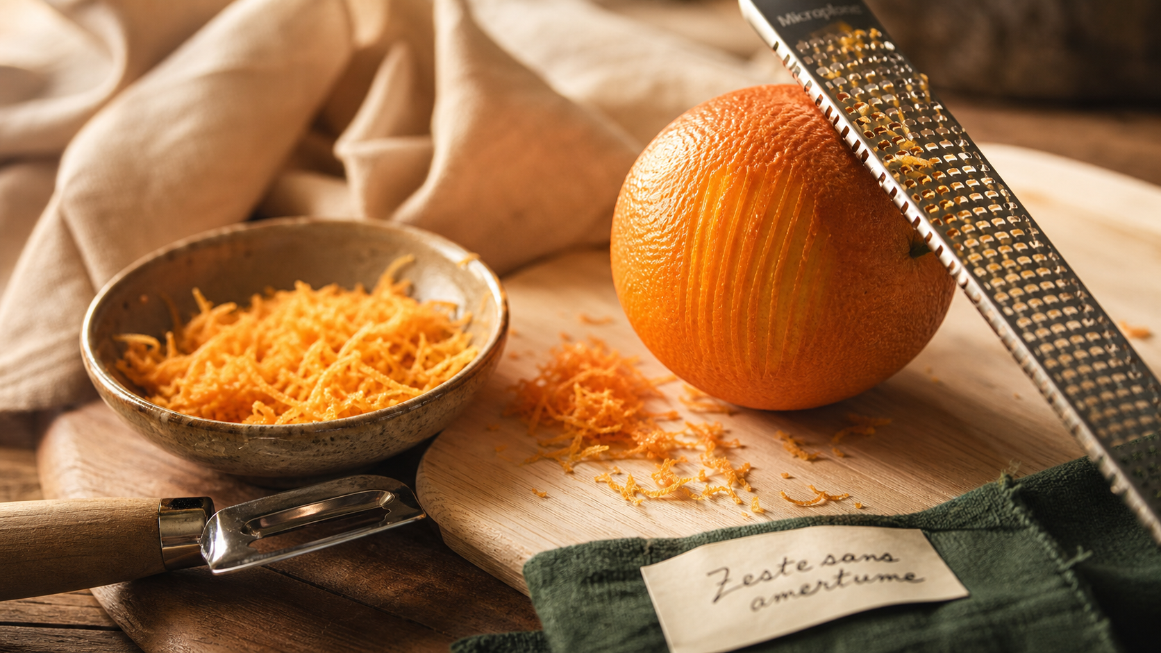 Zeste d orange sans amertume : orange zestée et râpe Microplane