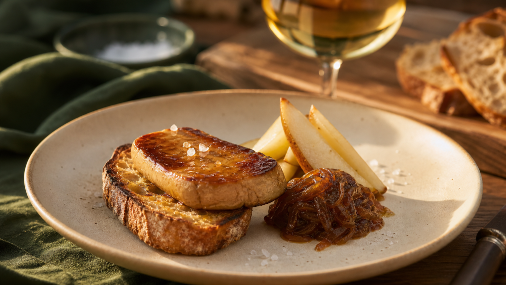 Avec quoi servir le foie gras : tranche sur pain, confit d’oignon, poire