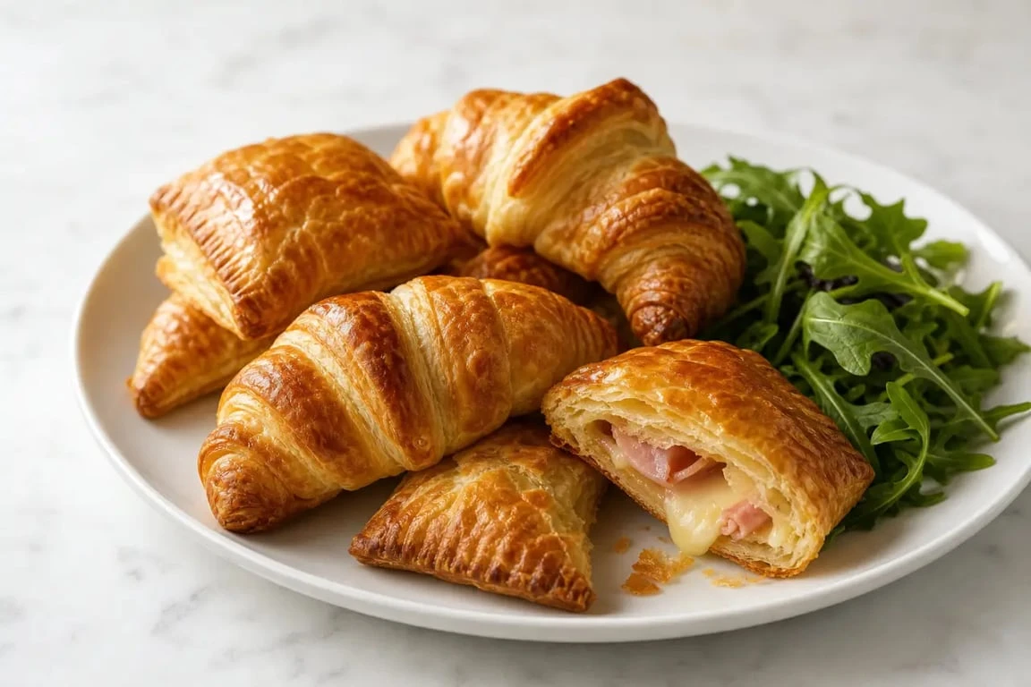 Recette feuilleté salé doré au jambon et fromage servi sur assiette