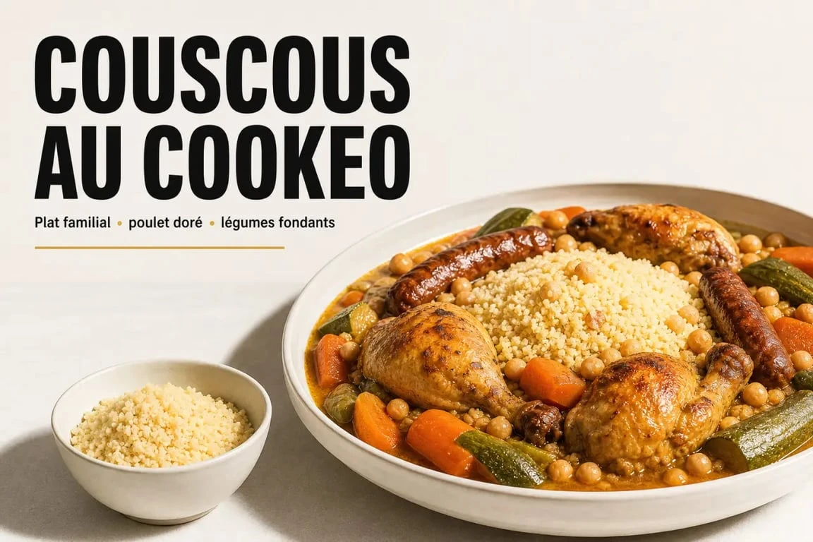 Recette couscous cookeo servie dans un grand plat familial avec poulet, merguez, légumes et semoule