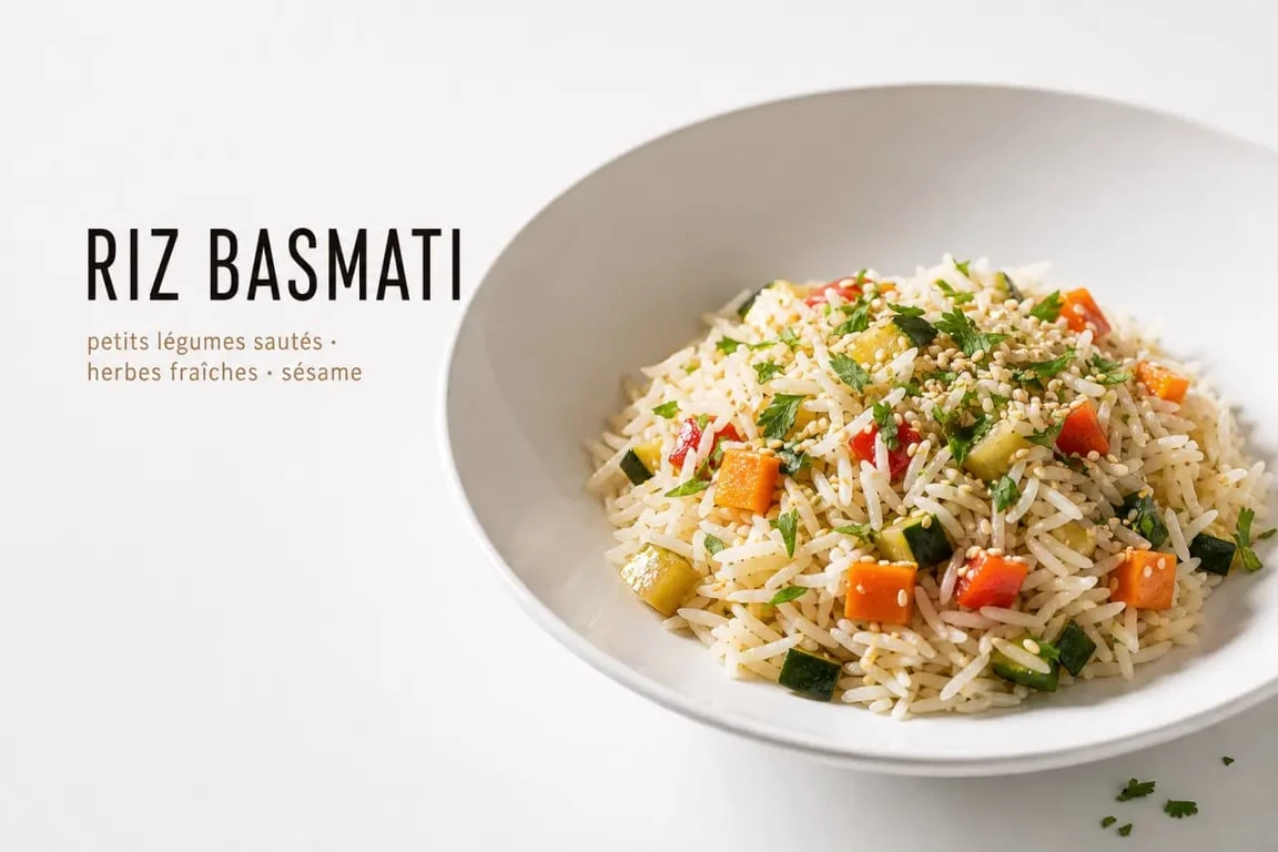 Riz en accompagnement recettes : riz basmati aux légumes et herbes fraîches servi en assiette