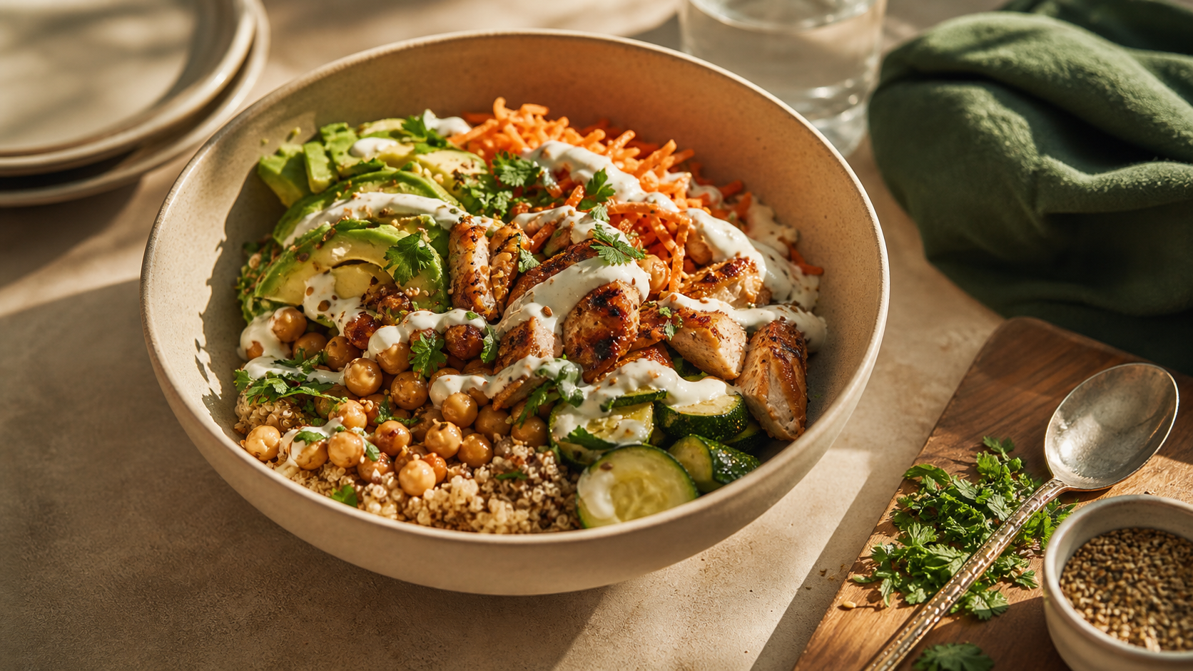Nourriture healthy : bol quinoa poulet légumes et sauce yaourt citron