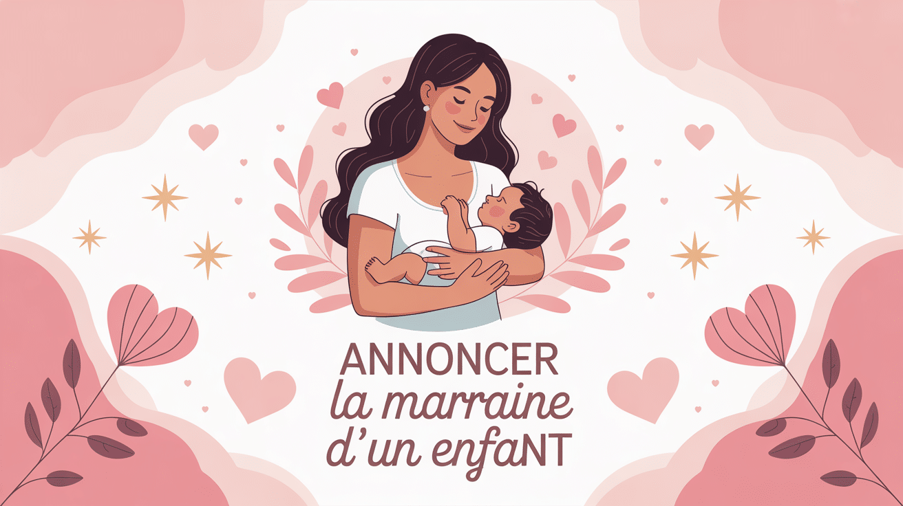 Annoncer la marraine illustration femme bébé cœurs étoiles ambiance douce