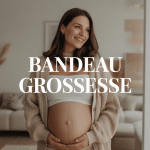 Femme enceinte avec bandeau grossesse blanc sous pull beige