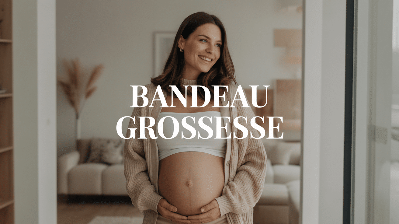 Femme enceinte avec bandeau grossesse blanc sous pull beige