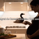 Femme enceinte avec magret de canard bien cuit cuisine moderne