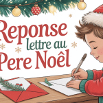 Enfant écrit réponse lettre au père noel à un bureau décoré