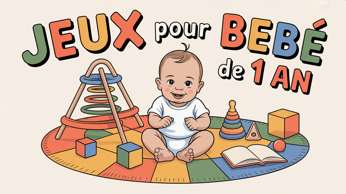 jeux bébé 1 an illustration tapis éveil cubes bois anneaux