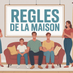 Famille heureuse salon règles de la maison affichées