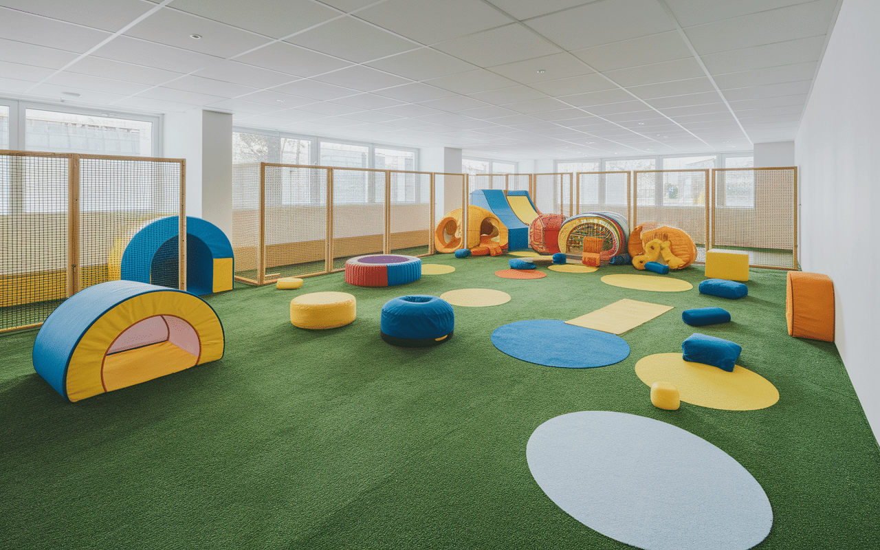 Espace avec parcours motricité modules mousse tapis tunnels sécurité