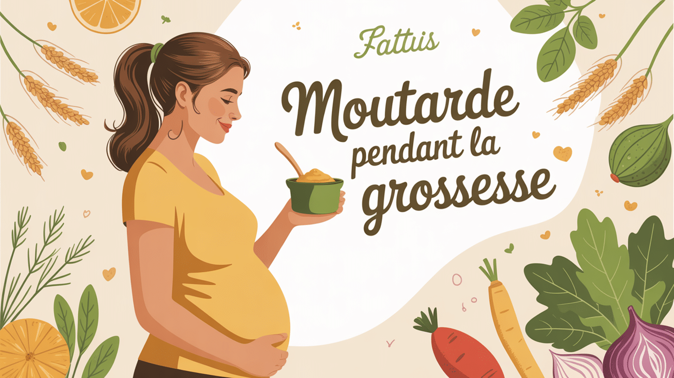 femme enceinte avec pot de moutarde et ingrédients naturels