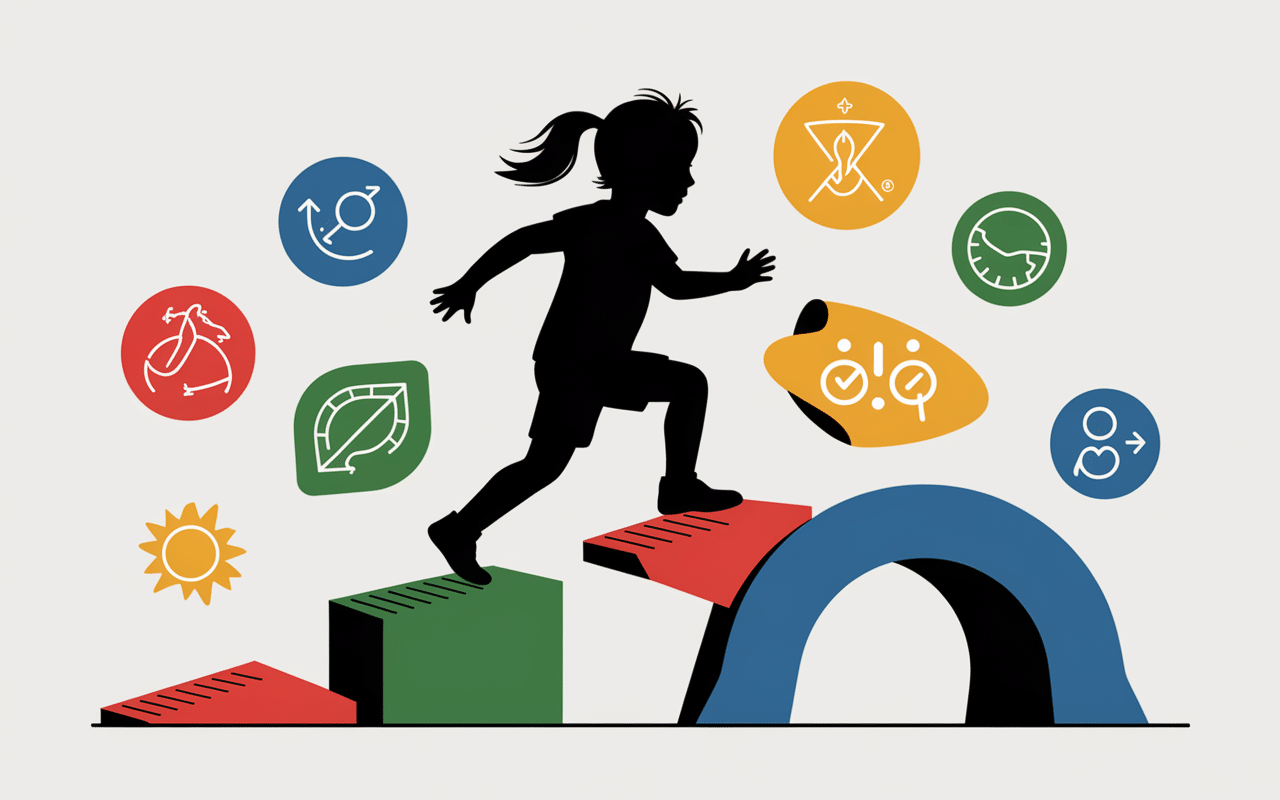 Enfant franchit obstacles parcours motricité symboles développement