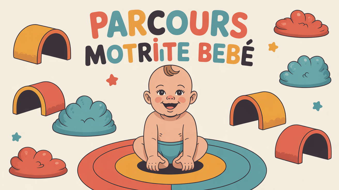 Illustration parcours motricité bébé sur tapis avec coussins et tunnels