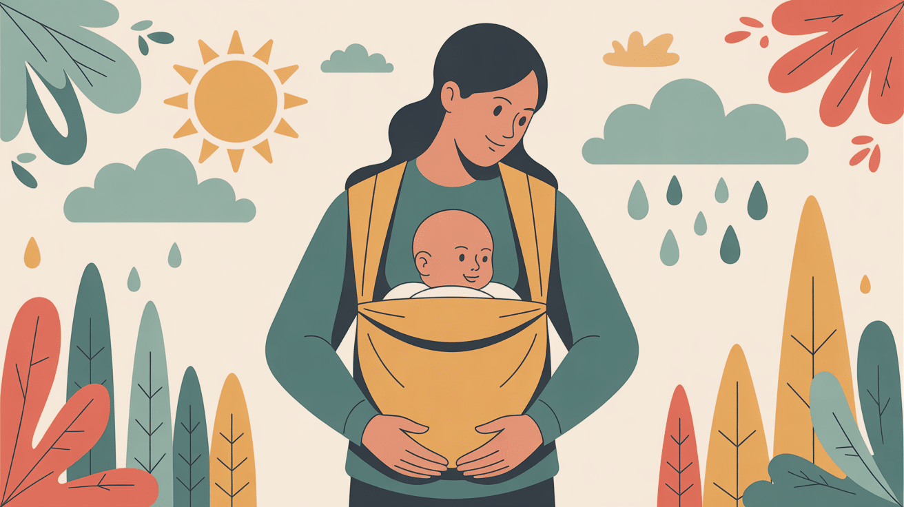 Illustration manteau de portage toutes saisons avec parent et bébé