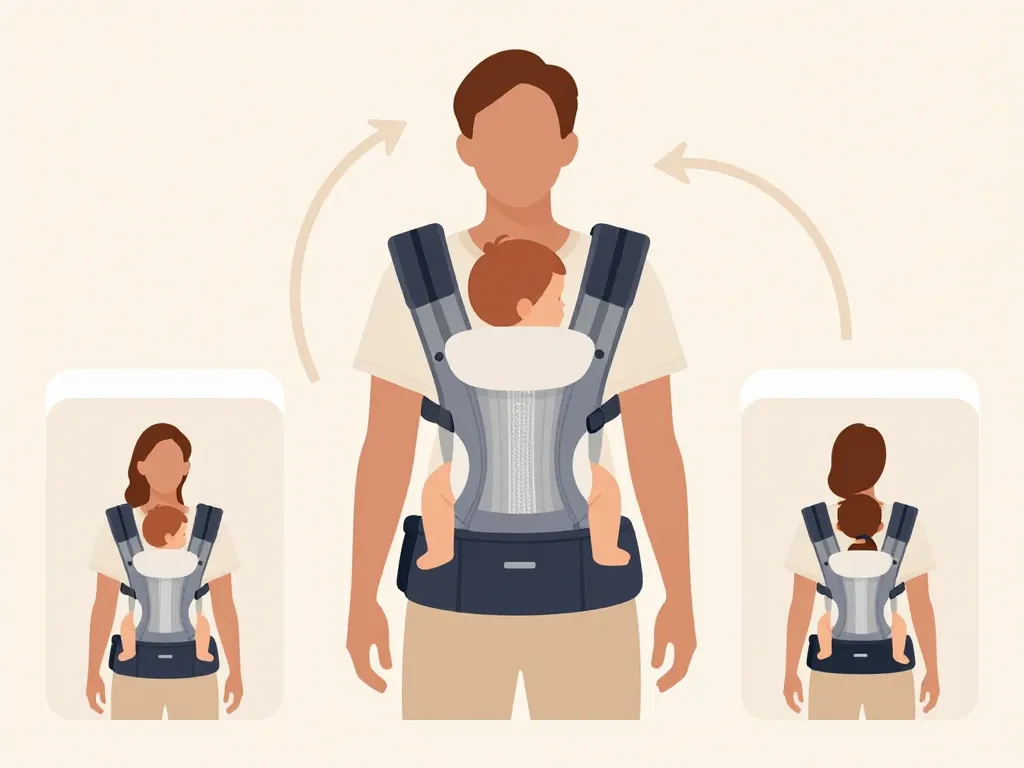 Schéma manduca position M, réglages ceinture et bretelles